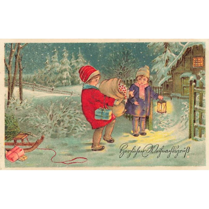 n°26756 - Noël - Enfants s'approchant d'une maison avec un gros sac de cadeaux