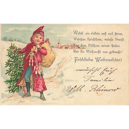 n°26759 - Noël - Fröhliche Weihnachten - Enfant apportant des poupées, et un sapin - Carte en relief