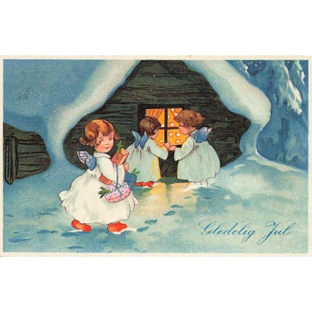 n°26761 - Nouvel An - Gledelig Jul - Anges apportant des cadeaux, s'approchant d'une maison