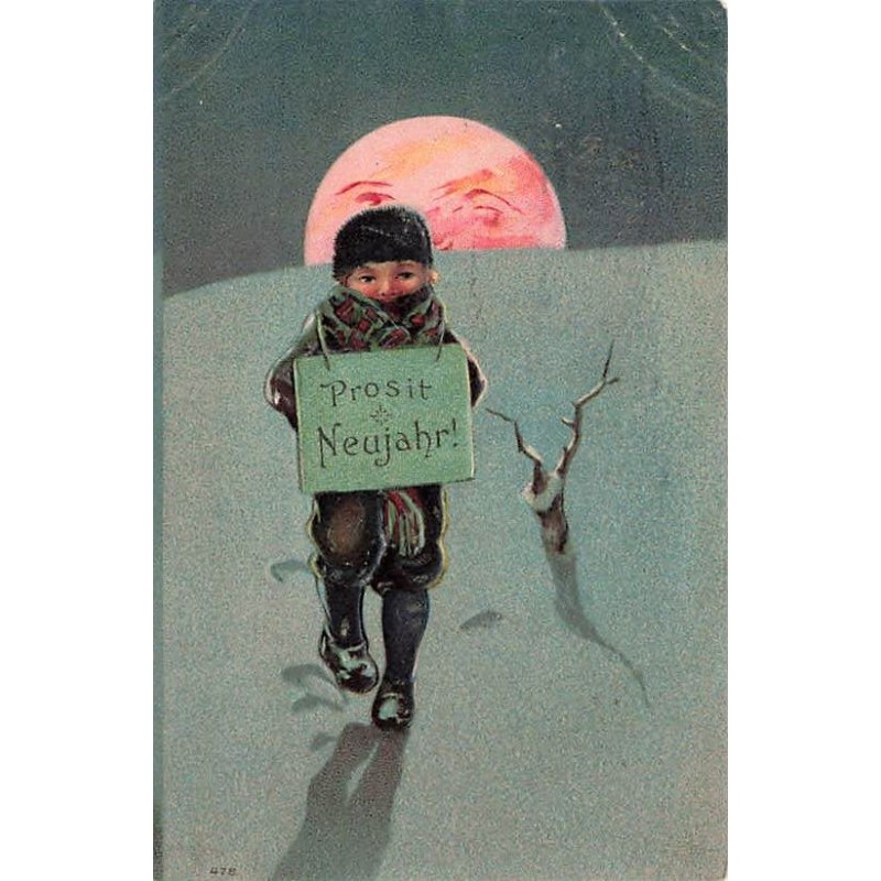 n°26762 - Carte Gaufrée - Nouvel An - Prosit Neujahr - Garçon marchant au clair de lune ans la neige