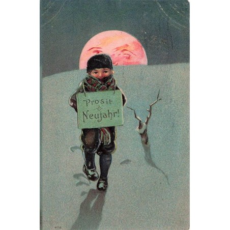 n°26762 - Carte Gaufrée - Nouvel An - Prosit Neujahr - Garçon marchant au clair de lune ans la neige