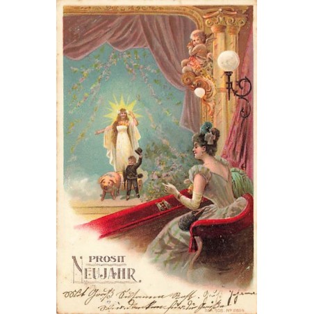 n°26764 - Carte Gaufrée - Nouvel An - Prosit Neujahr - Femme assitant à un spectacle avec un ramoneur, un cochon ...