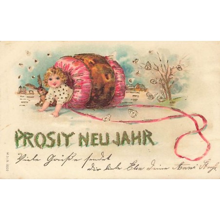 n°26765 - Carte Gaufrée - MSIB 1320 - Prosit Neujahr - Fillette sortant d'une pelote de laine