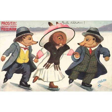 n°26766 - Nouvel An - Prosit Neujahr - Oilette - Deux hérissons et un lièvre habillés faisant du patin sur glace