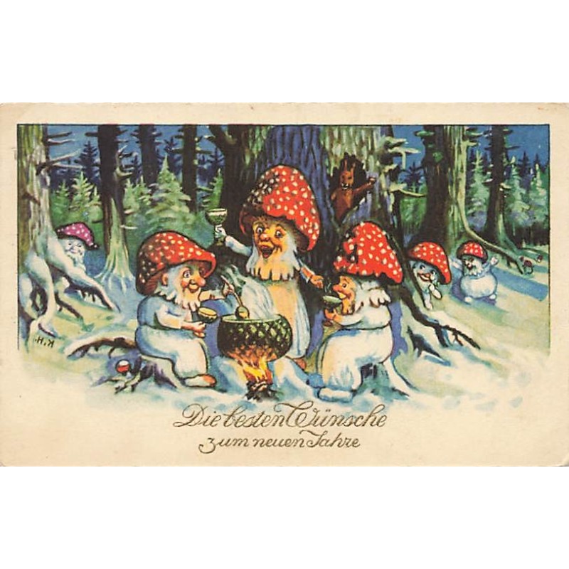 n°26768 - Nouvel An - Champignons humanisés trinquant avec du vin chaud