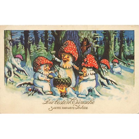 n°26768 - Nouvel An - Champignons humanisés trinquant avec du vin chaud