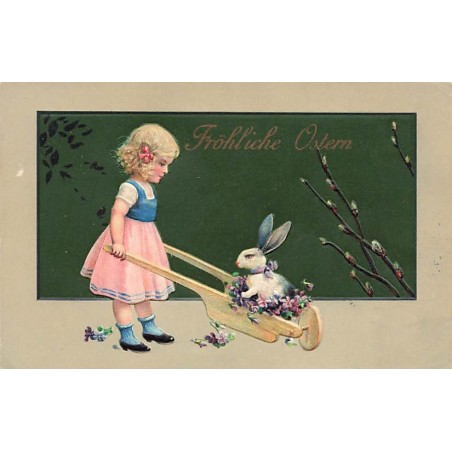 n°26771 - Carte Gaufrée - Pâques - Fröhliche Ostern - Fillette poussant un lièvre dans une brouette
