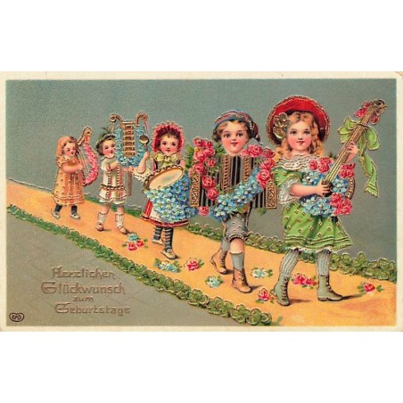 n°26778 - Carte Gaufrée - Anniversaire - Parade d'enfants jouant de la musique