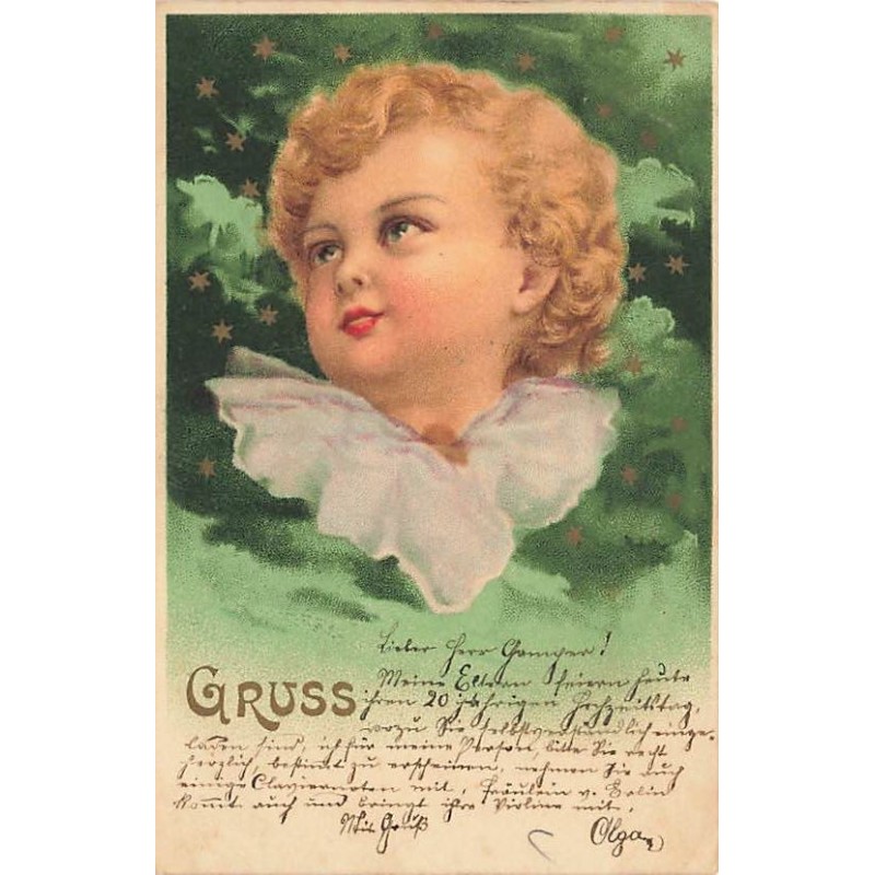 n°26782 - Fantaisie - Gruss - Portrait d'un enfant au milieu des étoiles, fond vert