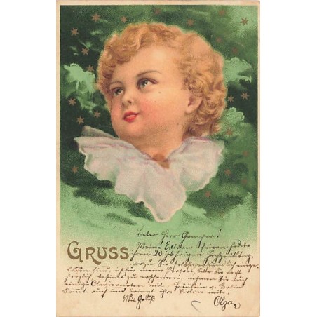 n°26782 - Fantaisie - Gruss - Portrait d'un enfant au milieu des étoiles, fond vert