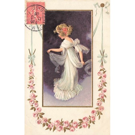 n°26783 - Carte Gaufrée - Fantaisie - Jeune fille dansant, guirlande de roses