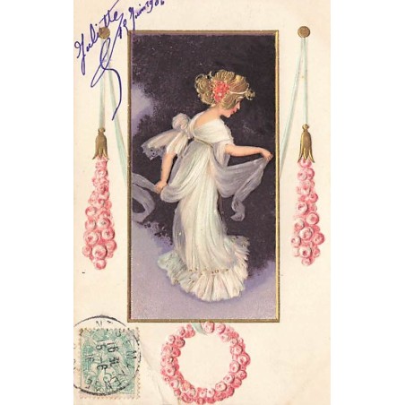 n°26784 - Carte Gaufrée - Fantaisie - Jeune fille dansant, couronne de roses