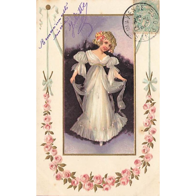 n°26785 - Carte Gaufrée - Fantaisie - Jeune fille dansant, guirlande de roses