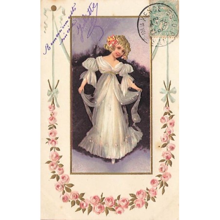 n°26785 - Carte Gaufrée - Fantaisie - Jeune fille dansant, guirlande de roses