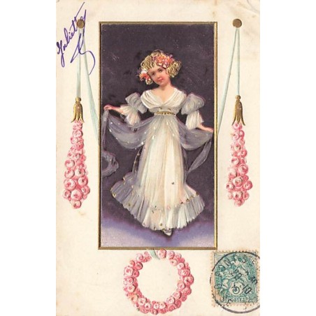 n°26786 - Carte Gaufrée - Fantaisie - Jeune fille dansant, couronne de roses