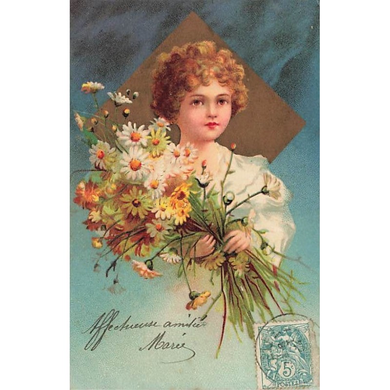 n°26787 - Clapsaddle - Jeune fille tenant un bouquet de marguerites