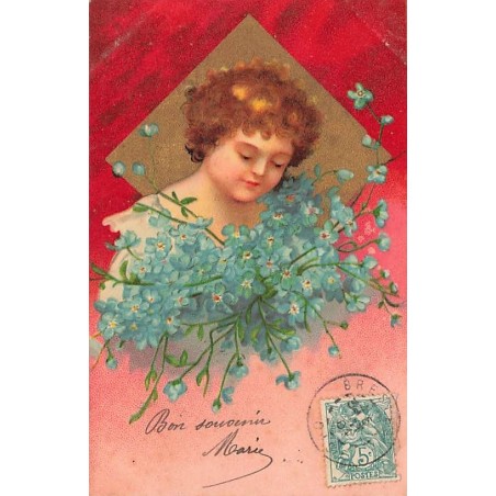 n°26789 - Clapsaddle - Jeune fille tenant un bouquet de myosotis