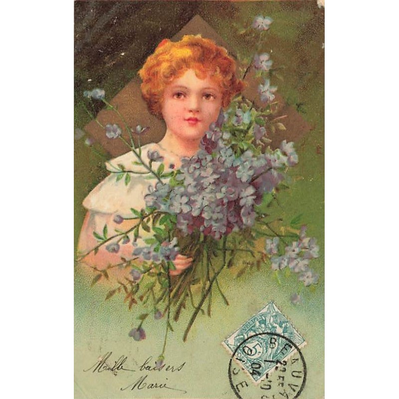 n°26790 - Clapsaddle - Jeune fille tenant un bouquet de myosotis