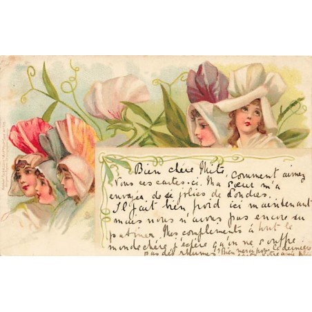 n°26791 - Raphael Tuck - Jeunes filles avec des chapeaux en forme de fleurs - Surréalisme