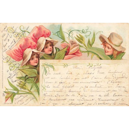 n°26792 - Raphael Tuck - Jeunes filles avec des chapeaux en forme de fleurs - Surréalisme