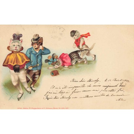 n°26798 - Fantaisie - Animaux habillés - Style Wain - Couples de chats faisant du patins sur glace