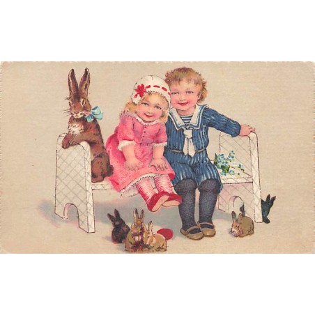 n°26799 - Fantaisie - Flatscher - Enfants assis sur un banc, entourés de lièvres