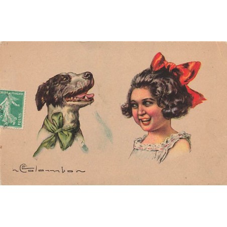 n°26802 - Illustrateur - E. Colombo - Une fillette avec un noeud rouge regardant un chien