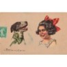 n°26802 - Illustrateur - E. Colombo - Une fillette avec un noeud rouge regardant un chien
