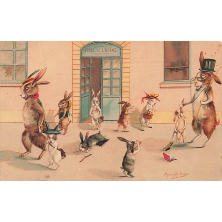 n°26803 - Illustrateur - M. Boulanger - Sortie d'école des Lapins - Lapins habillés