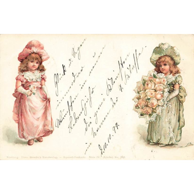 n°26808 - Fantaisie - Stroefer's serie IV n°365 - Deux fillettes, l'une tenant un bouquet de roses