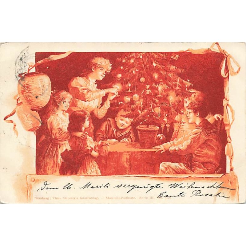 n°26811 - Fantaisie - Stroefer's serie III n°5221 - Femme décorant un sapin, entourée de ses enfants
