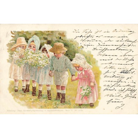 n°26812 - Fantaisie - Stroefer's serie II n°5130 - Des fillettes et un garçon se tenant par la main dans un pré