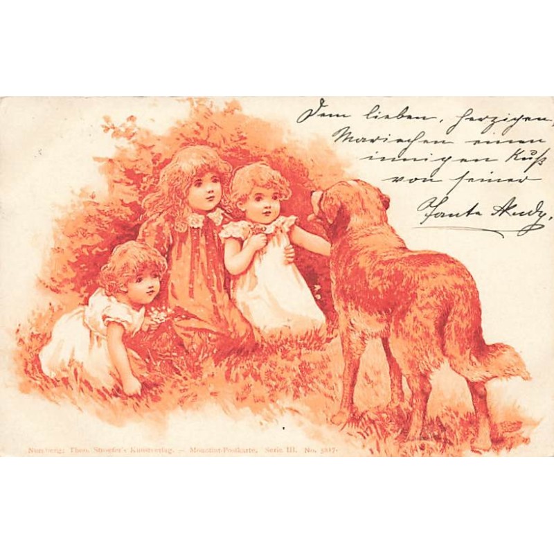 n°26814 - Fantaisie - Stroefer's serie III n°5217 - Fillettes assisent dans l'herbe près d'un chien