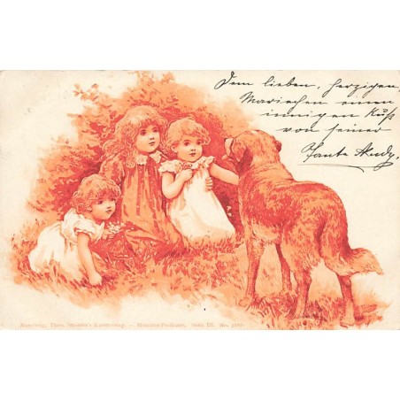 n°26814 - Fantaisie - Stroefer's serie III n°5217 - Fillettes assisent dans l'herbe près d'un chien