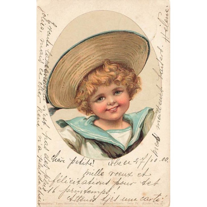 n°26818 - Fantaisie - Stroefer's serieIV n°403 - Portrait d'un garçon portant un chapeau de paille