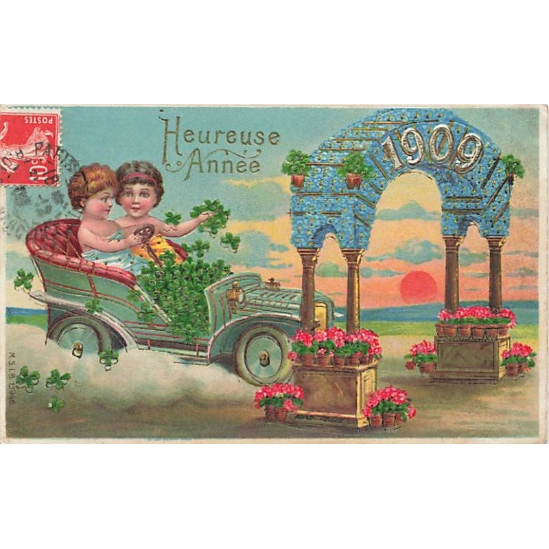 n°26822 - Carte Gaufrée - MSIB 13946 - Heureuse Année 1909 - Couple au volant d'une voiture