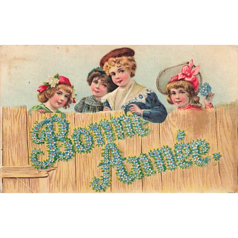 n°26824 - Carte Gaufrée - Bonne Année  Enfants derrière une palissade - Myosotis