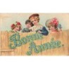 n°26824 - Carte Gaufrée - Bonne Année  Enfants derrière une palissade - Myosotis