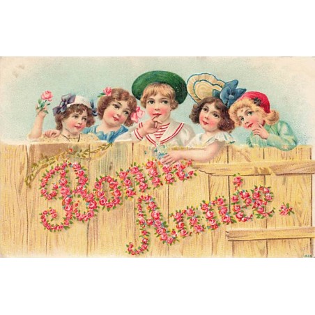 n°26825 - Carte Gaufrée - Bonne Année - Enfants derrière une palissade - Roses