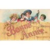n°26826 - Carte Gaufrée - Bonne Année - Enfants derrière une palissade - Roses