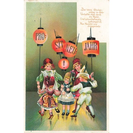 n°26830 - Carte Gaufrée - Nouvel An - Prosit Neujahr - Enfants dansant en tenant des lampions