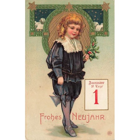 n°26833 - Carte Gaufrée - Nouvel An - Frohes Neujahr - Jeune garçon tenant du houx