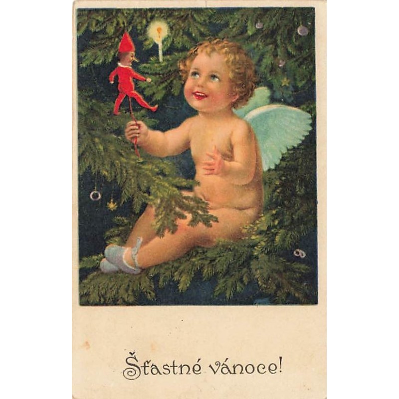 n°26839 - Noël - Flatscher - Stastné Vanoce - Ange assis dans un sapin, tenant un pantin