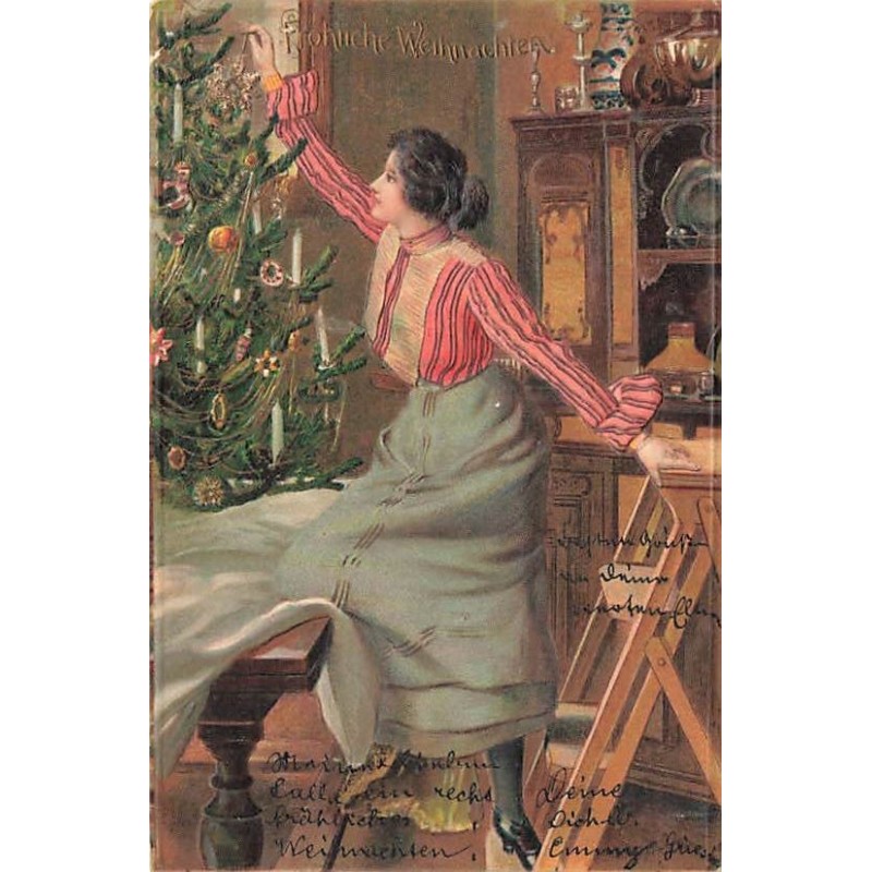 n°26842 - Carte Gaufrée - Noël - Fröhliche Weihnachten - Femme décorant un sapin