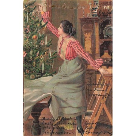 n°26842 - Carte Gaufrée - Noël - Fröhliche Weihnachten - Femme décorant un sapin