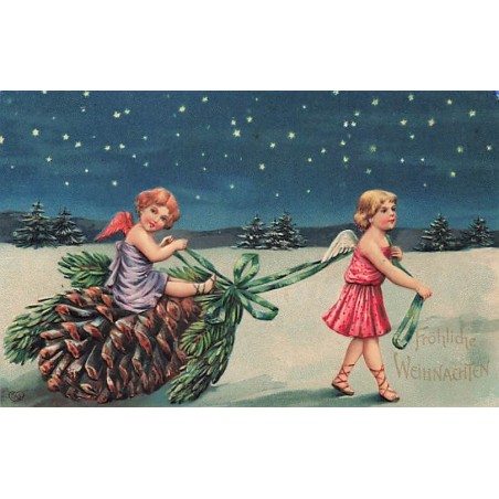 n°26843 - Carte Gaufrée - Fröhliche Weihnachten - Anges, l'un assis sur une pomme de pin, tiré par l'autre