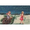 n°26843 - Carte Gaufrée - Fröhliche Weihnachten - Anges, l'un assis sur une pomme de pin, tiré par l'autre