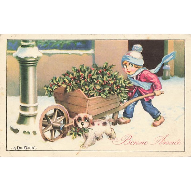 n°26851 - Illustrateur - A. Bertiglia - Bonne Année - Garçon poussant une brouette rempli de gui, accompagné d'un chien