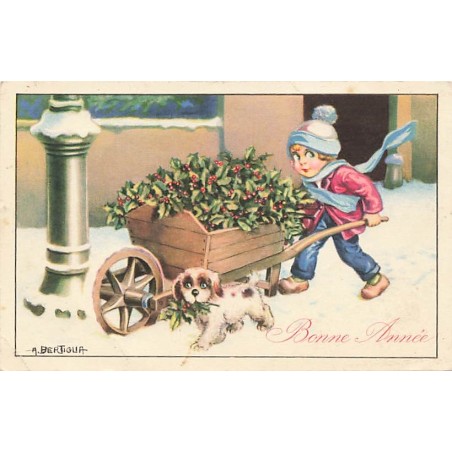 n°26851 - Illustrateur - A. Bertiglia - Bonne Année - Garçon poussant une brouette rempli de gui, accompagné d'un chien