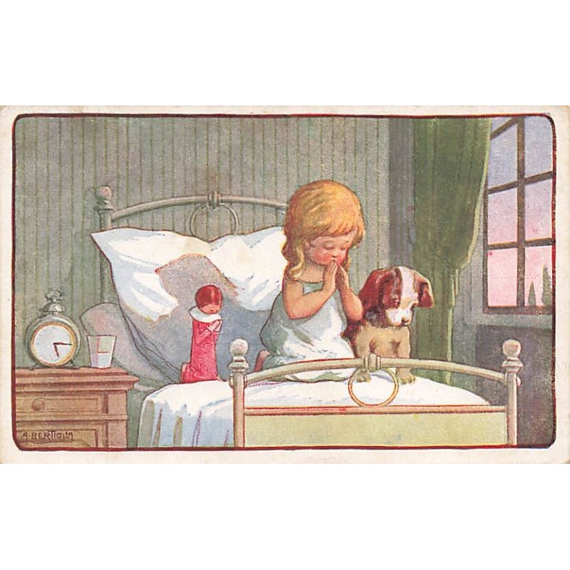 n°26852 - Illustrateur - A. Bertiglia - Une fillette, sa poupée et son chien faisant leur prière dans le lit